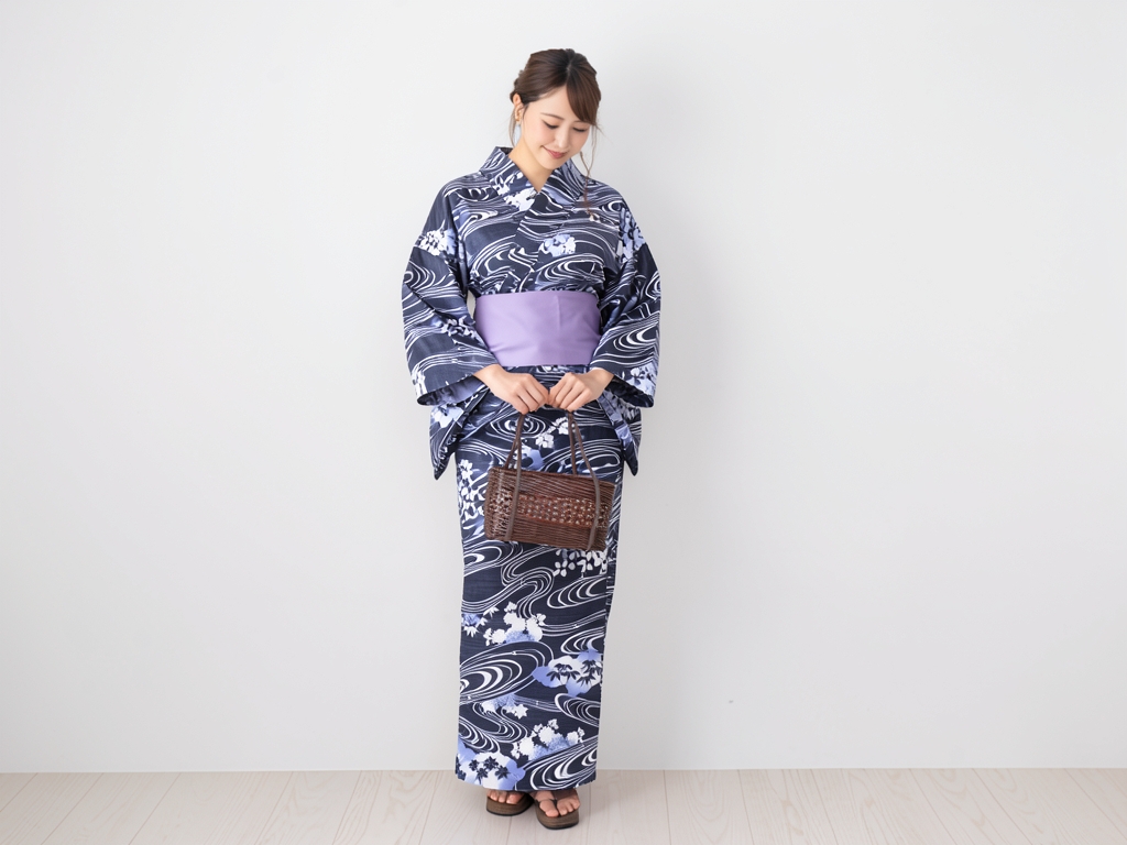 ゆかた 生地 乱絽 クインサイズ(巾40cm)浴衣 反物 レディース 黒地・竜田川柄・No.143（女 浴衣）