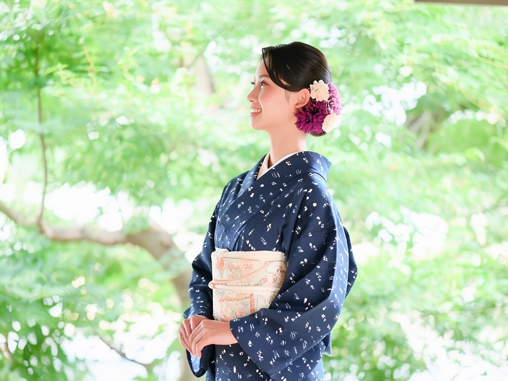 綿きもの生地　久留米絣 反物　 琉球絣柄・濃紺地・（女 着物）
