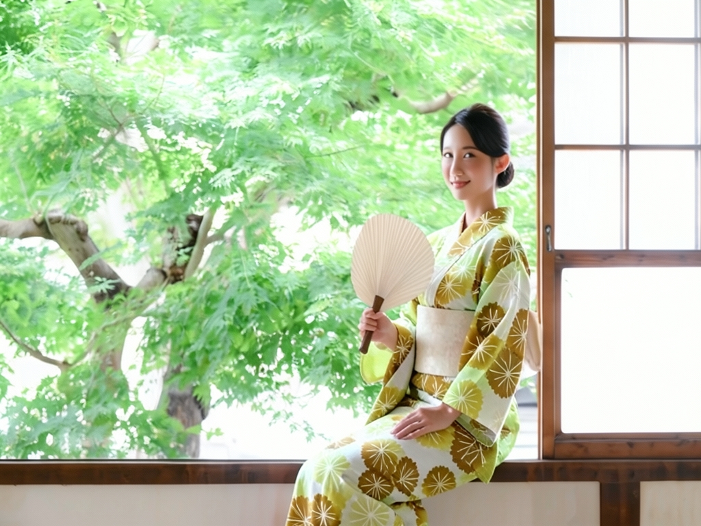 ゆかた 生地 クインサイズ(巾40cm) 浴衣 反物 綿絽 No.151 オフホワイト地・菊柄（女 浴衣）