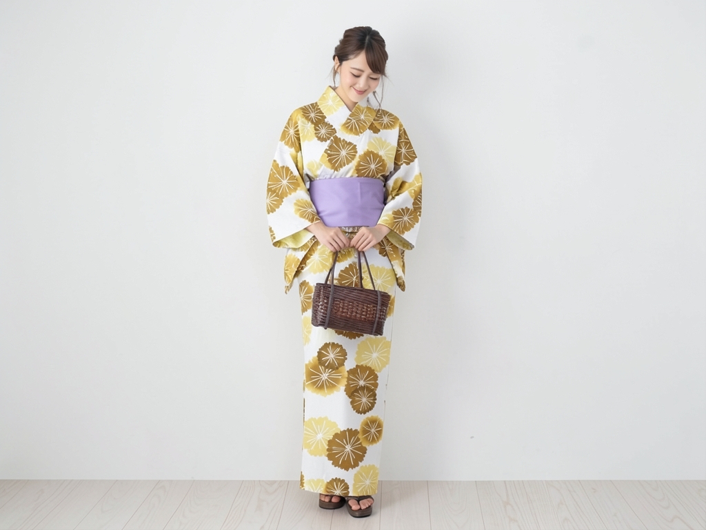 ゆかた 生地 クインサイズ(巾40cm) 浴衣 反物 綿絽 No.151 オフホワイト地・菊柄（女 浴衣）