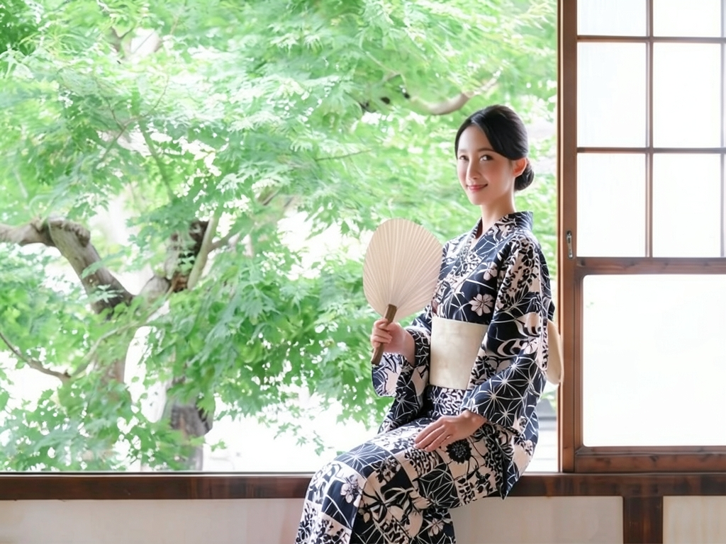 ゆかた 生地 ・両面染め・耳有り 浴衣 反物 綿紬・No.152 市松・桜柄・ベージュ地（女 浴衣）