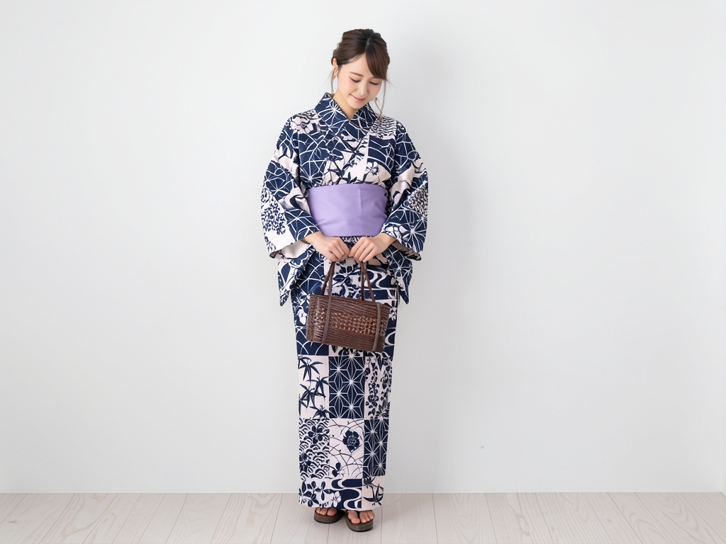 ゆかた 生地 ・両面染め・耳有り 浴衣 反物 綿紬・No.152 市松・桜柄・ベージュ地（女 浴衣）