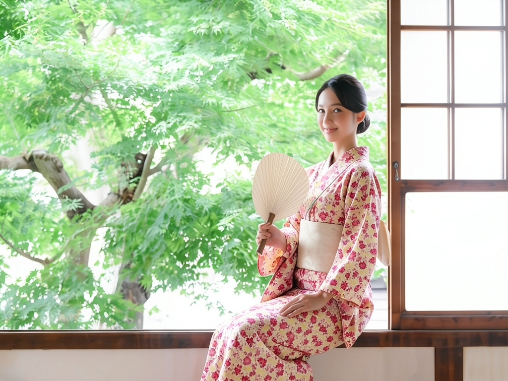 浴衣 生地 耳有り ゆかた 反物 源氏物語・紅型調 テッセン柄・オフホワイト地・No.154（女 浴衣）