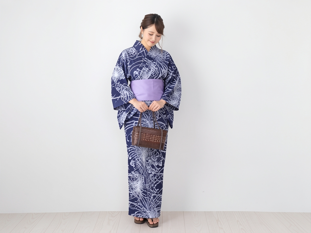 浴衣 生地 両面染め 耳ありゆかた 反物 クインサイズ(巾40cm) 乱菊柄・濃紺地・No.157（女 浴衣）