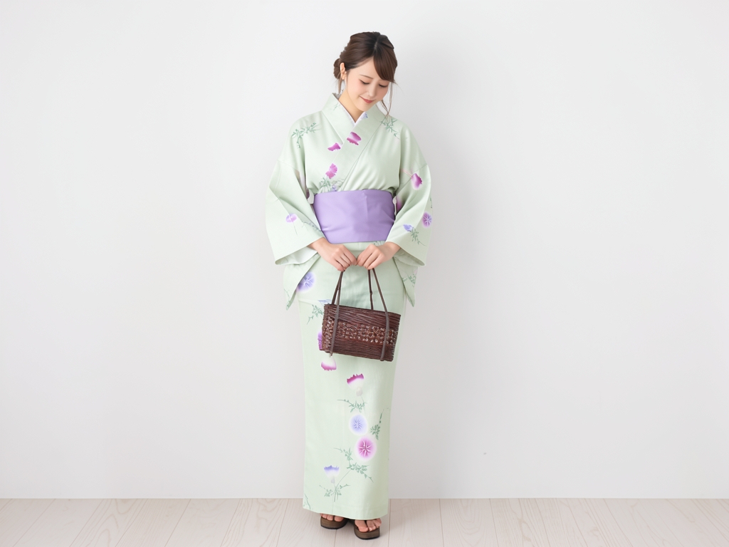 浴衣 生地 耳あり・両面染めゆかた 反物・No.158 アザミ柄・うすクリーム地（女 浴衣）