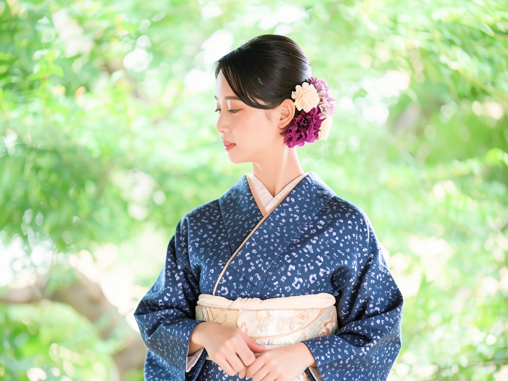 100% cotton, kimono fabric, Kurume Kasuri, cloth, irregular magatama pattern, dark navy fabric (Female kimono)