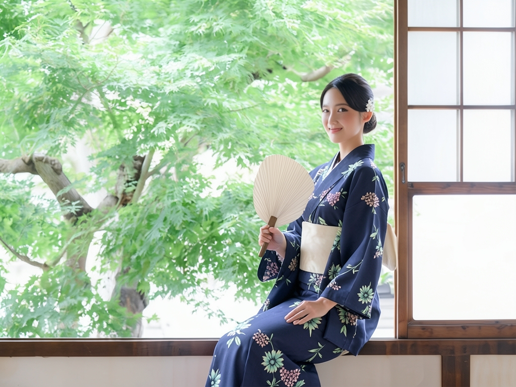 Yukata fabric, double-sided dyed, yukata, cloth, with ears No.160, dark blue, cosmos pattern (Female yukata)