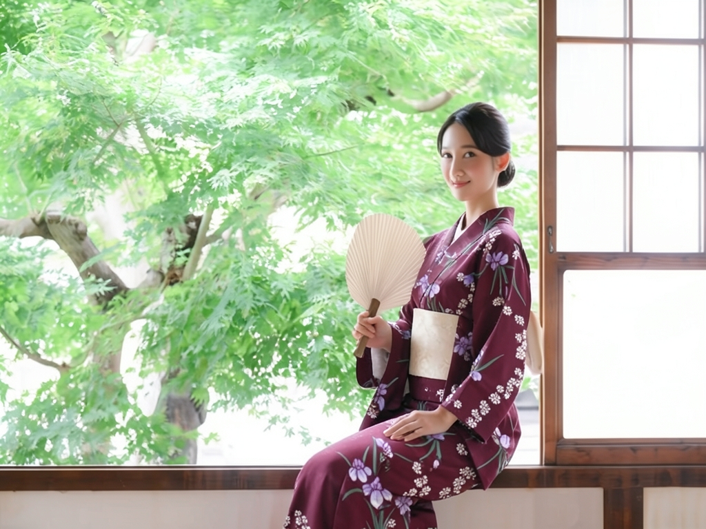 ゆかた 生地 耳有り・両面染め 浴衣 反物 No.162 アヤメ柄・ワインレッド地（女 浴衣）