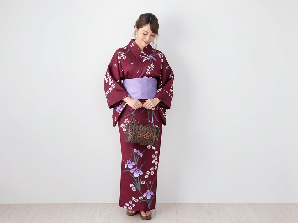 ゆかた 生地 耳有り・両面染め 浴衣 反物 No.162 アヤメ柄・ワインレッド地（女 浴衣）