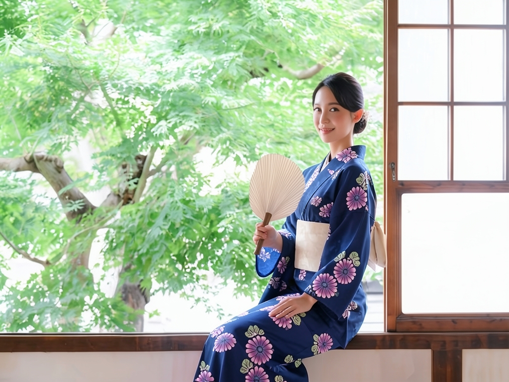 ゆかた 生地 耳あり・両面染め浴衣 反物・No.164 濃紺地・キク柄（女 浴衣）