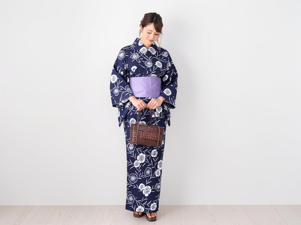 ゆかた 生地 耳あり 未仕立て品 浴衣反物 レディース No.165 濃紺地・ナデシコ柄・耳有り（女 浴衣）