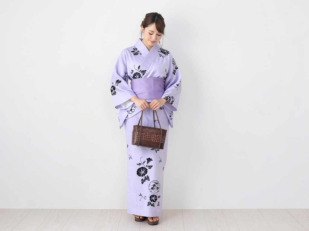 ゆかた 生地 両面染め 未仕立て品浴衣 反物 耳有り 白地・アサガオ柄・No.170（女 浴衣）