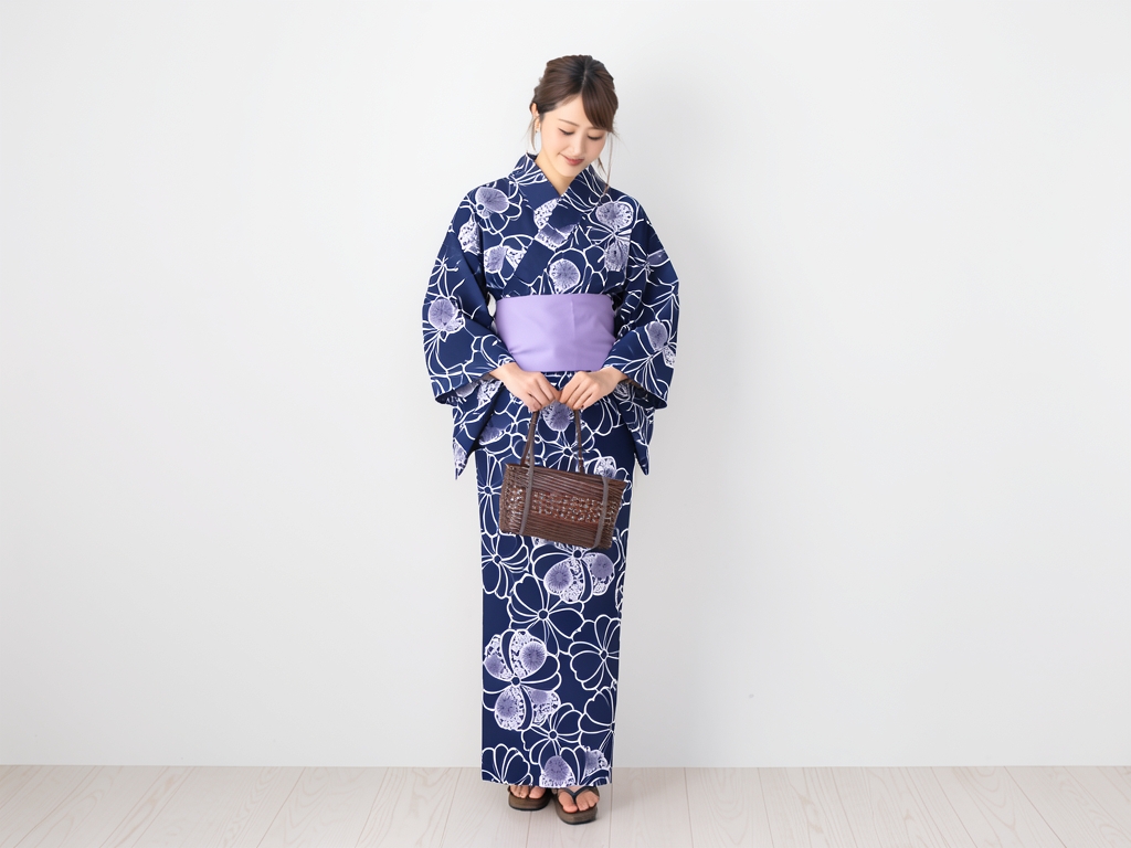 浴衣 生地 耳有り 浜松本染め ゆかた 反物 No.171 キク柄・濃紺地（女 浴衣）