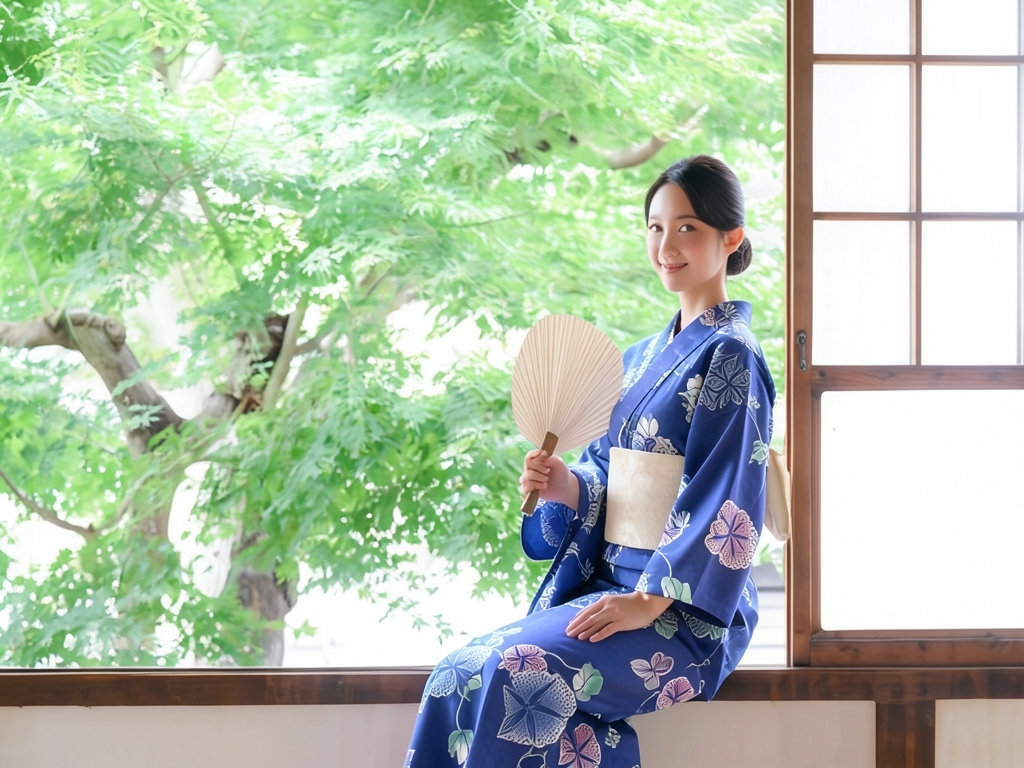 Yukata fabric with ears/dyed on both sides Yukata cloth No.173 Morning glory pattern/Blue fabric (Female yukata)