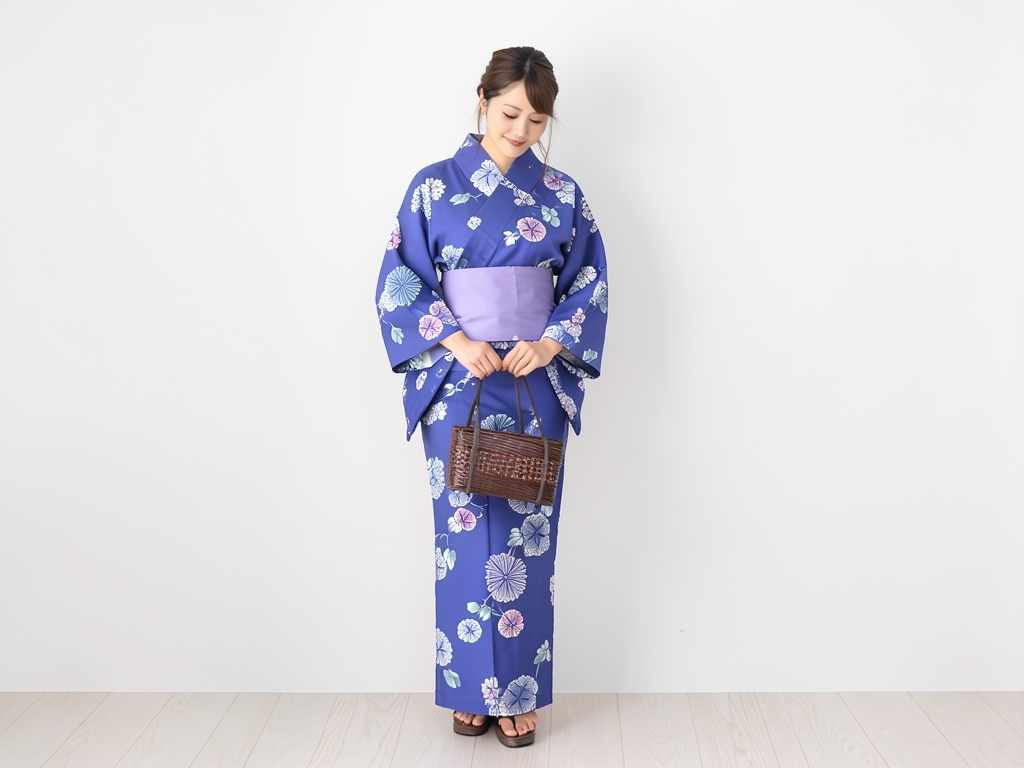 Yukata fabric with ears/dyed on both sides Yukata cloth No.173 Morning glory pattern/Blue fabric (Female yukata)