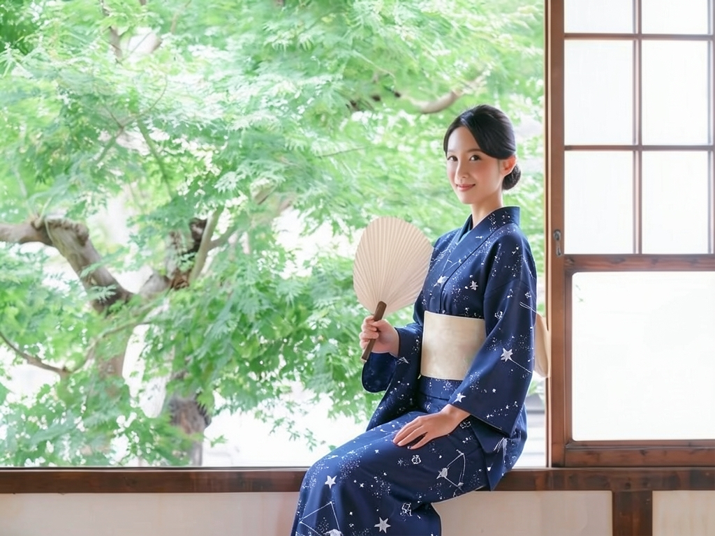 Yukata fabric kinoka Yukata with ears Cloth Kimonoka Star pattern/Dark blue/No.175 (Female yukata)