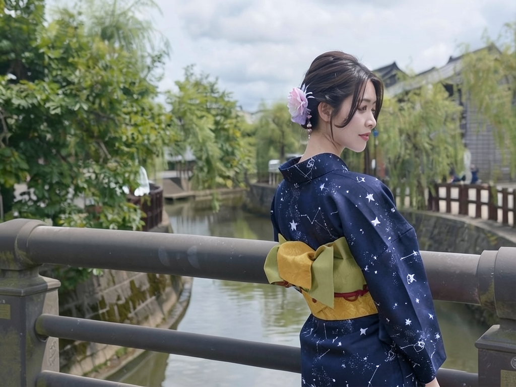 Yukata fabric kinoka Yukata with ears Cloth Kimonoka Star pattern/Dark blue/No.175 (Female yukata)