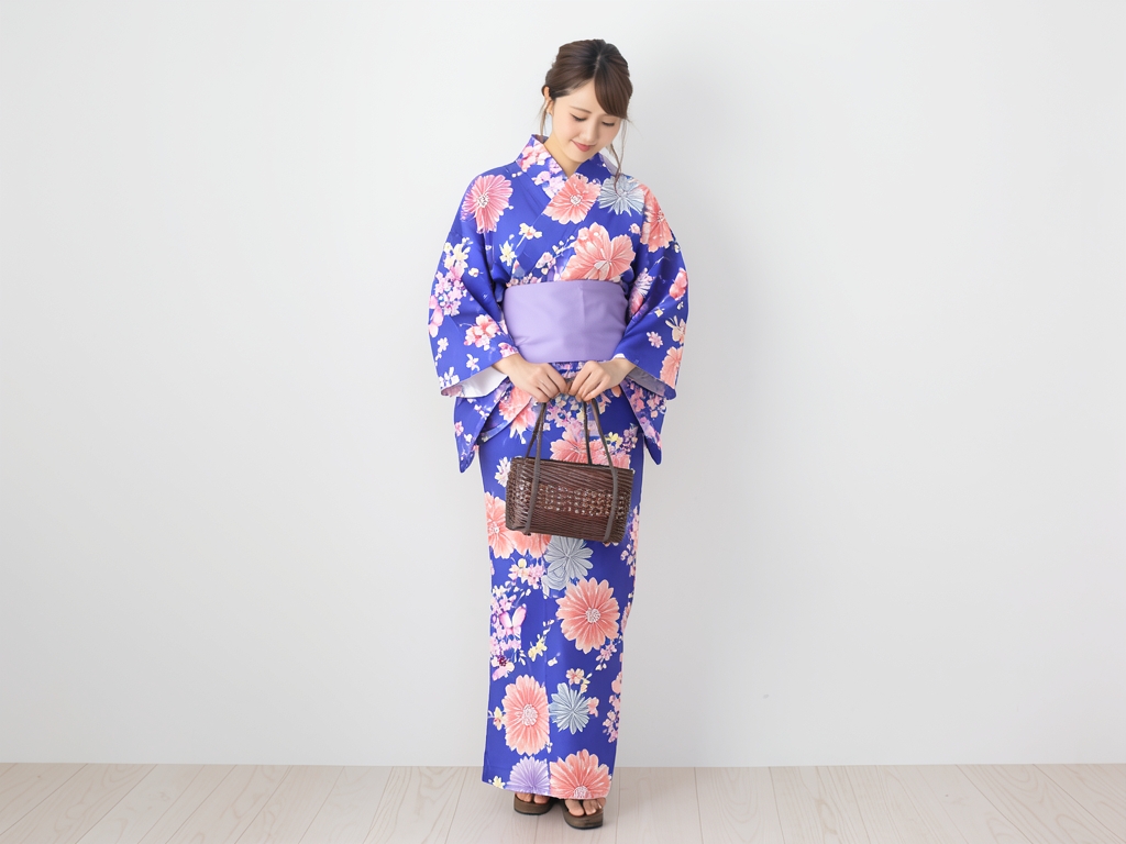 教材用 ゆかた 未仕立て品 浴衣 反物 生地 No.176 蝶・桜柄・ブルー地（女 浴衣）