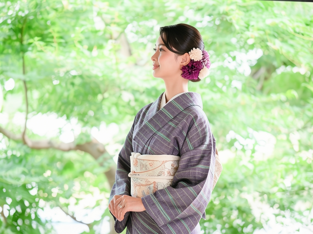 もめん 生地・未仕立て品綿紬 反物・　シマ柄・古代紫地（女 着物）
