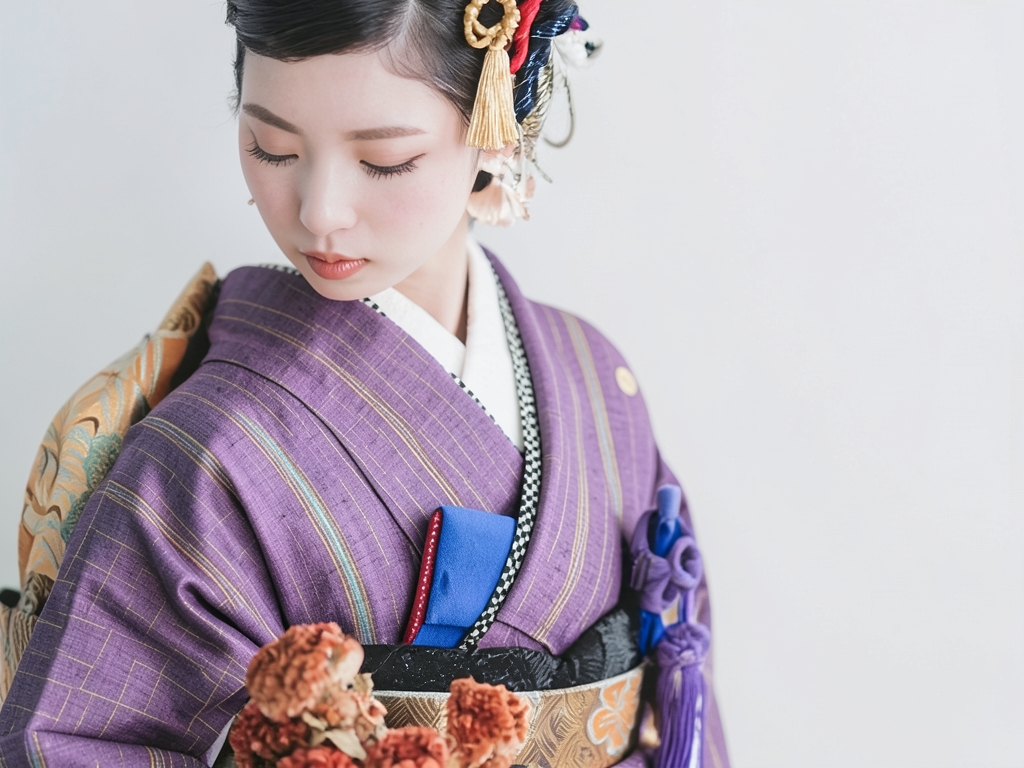 もめん 生地・未仕立て品綿紬 反物・　シマ柄・古代紫地（女 着物）