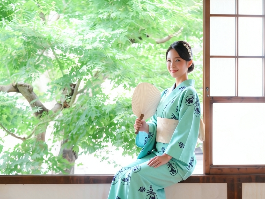 浴衣 生地 両面染めゆかた 反物 耳有り アヤメ柄・青竹色・No.182（女 浴衣）