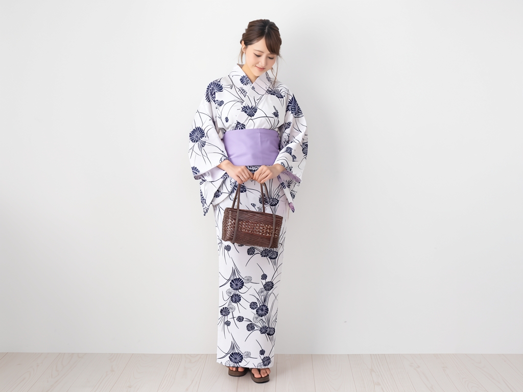 Yukata Fabric/Untailored Yukata Fabric with ears White background/Gerbera pattern/No.184 (Female yukata)