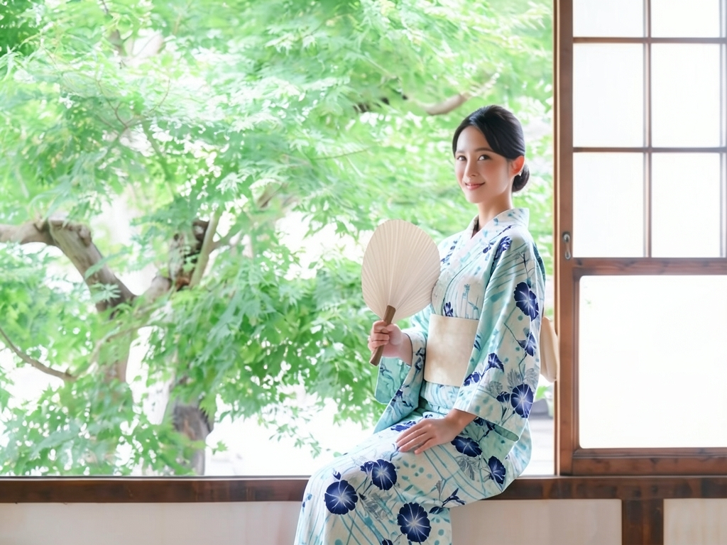 浴衣 生地 源氏物語ゆかた反物 No.186 朝顔柄・うすベージュ地（女 浴衣）