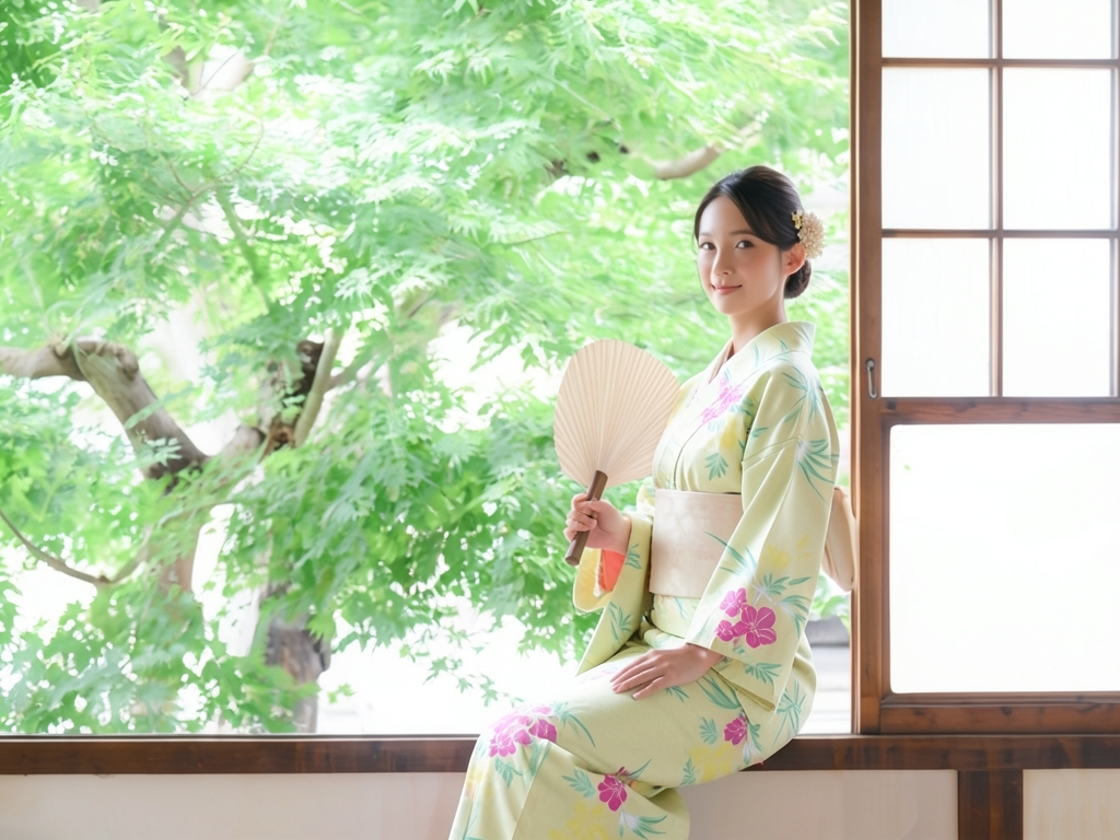ゆかた 生地 耳有り・両面染め 浴衣 反物 教材 No.188 ツツジ柄・クリーム地（女 浴衣）