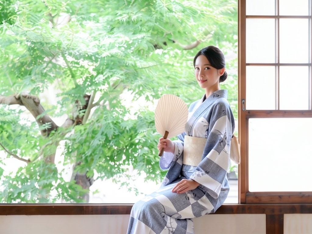 浴衣 生地 耳有り ゆかた 反物 No.189 白地・ウサギ・市松柄（女 浴衣）