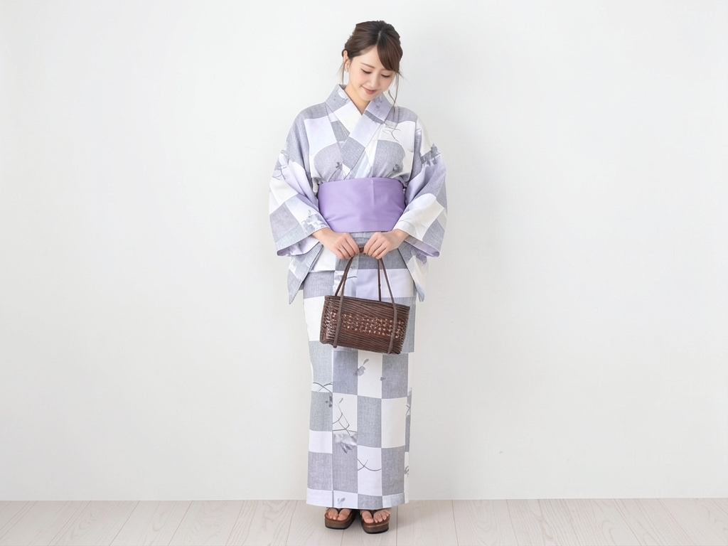 浴衣 生地 耳有り ゆかた 反物 No.189 白地・ウサギ・市松柄（女 浴衣）