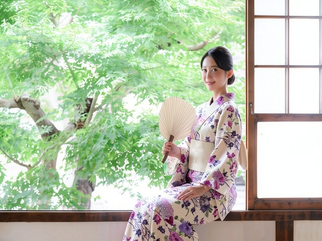 浴衣 生地 レディース レトロ源氏物語 ゆかた反物 No.194牡丹柄・アイボリー地（女 浴衣）