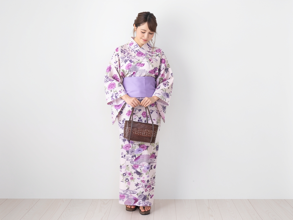浴衣 生地 レディース レトロ源氏物語 ゆかた反物 No.194牡丹柄・アイボリー地（女 浴衣）