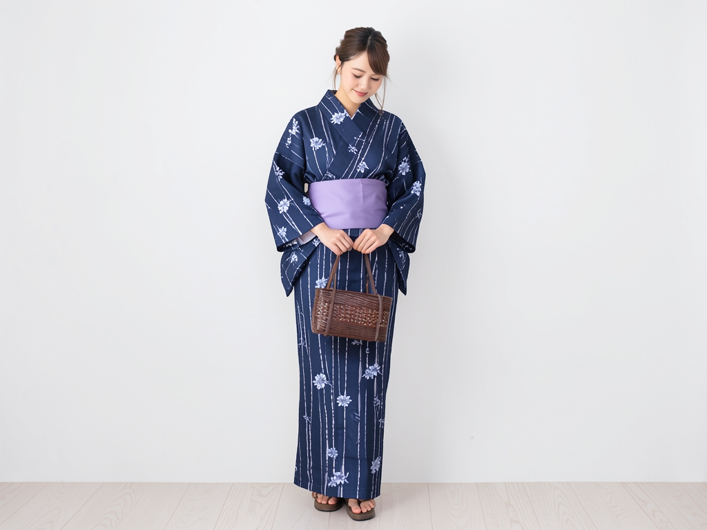 ゆかた 生地 未仕立て品浴衣 反物 生地 No.195 ユリ柄・濃紺地（女 浴衣）