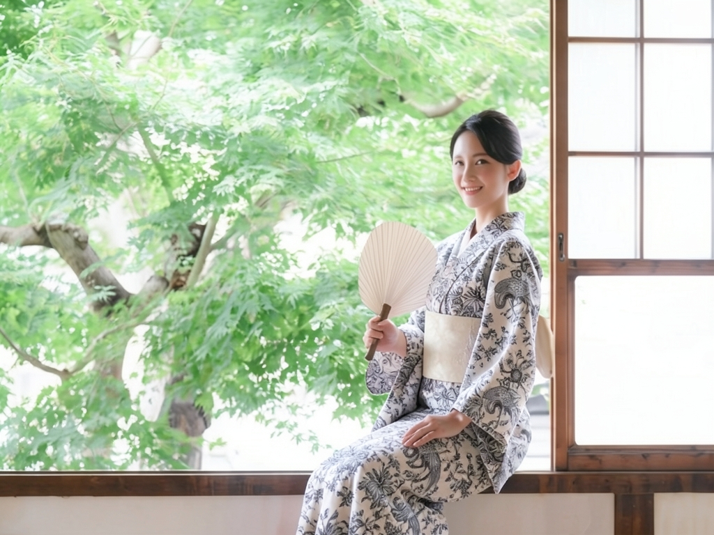 ポリエステル・セオアルファ・ソレイアード 浴衣 反物 CEOα・SOULEIADE オフホワイト地・ツル柄・No.197（女 浴衣）