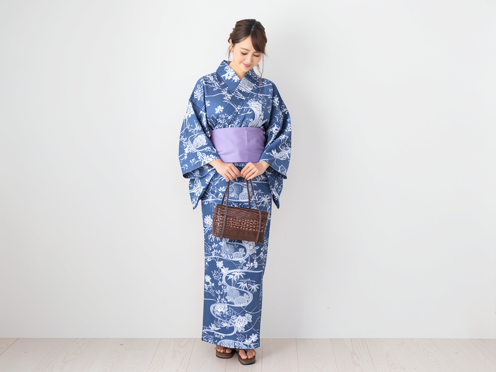 ゆかた 生地 耳有り・綿紬 浴衣 反物 クインサイズ 菊・牡丹柄・紺鼠地・No.198（女 浴衣）