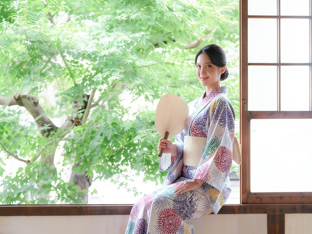 ゆかた 生地 耳あり 両面染め 浴衣 反物・源氏物語 白地・花火柄・No.199（女 浴衣）