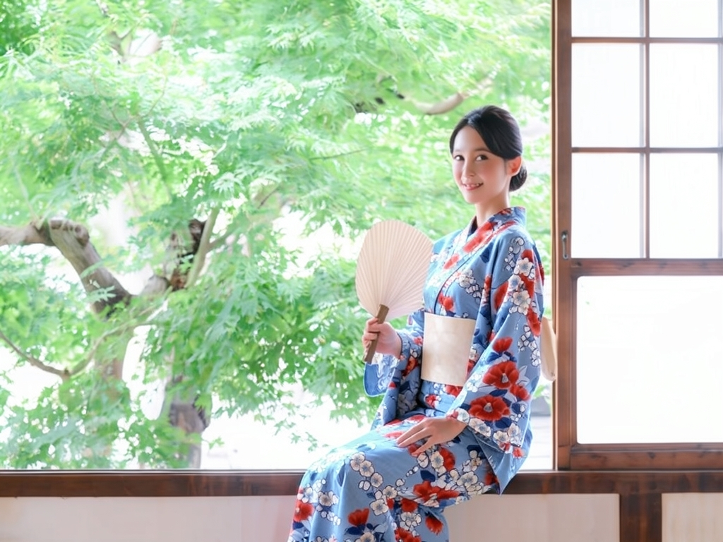 ゆかた 生地 耳あり浴衣 反物・岡重 No.202 ツバキ柄・ブルーグレー地（女 浴衣）