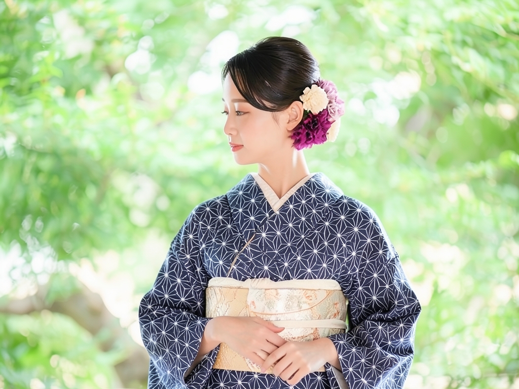 綿着尺 きもの生地　木綿 反物 濃紺地・麻の葉柄（女 着物）