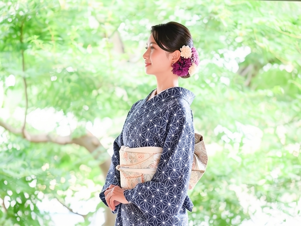 綿着尺 きもの生地　木綿 反物 濃紺地・麻の葉柄（女 着物）