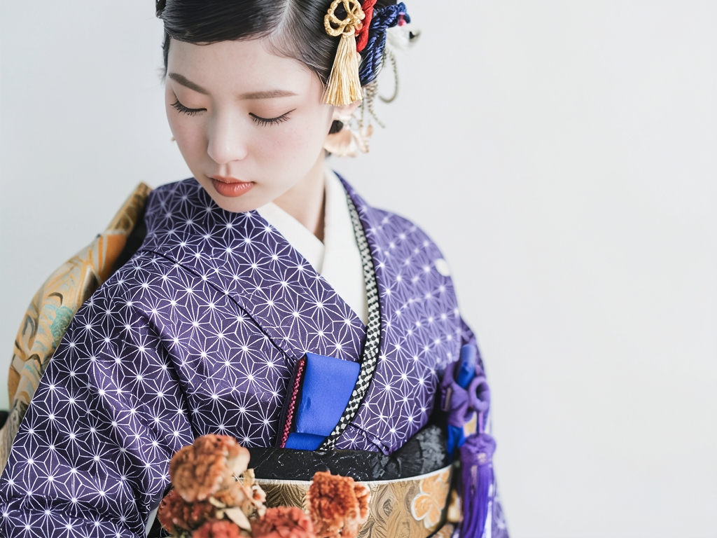 綿着尺 きもの生地　木綿 反物 濃紺地・麻の葉柄（女 着物）