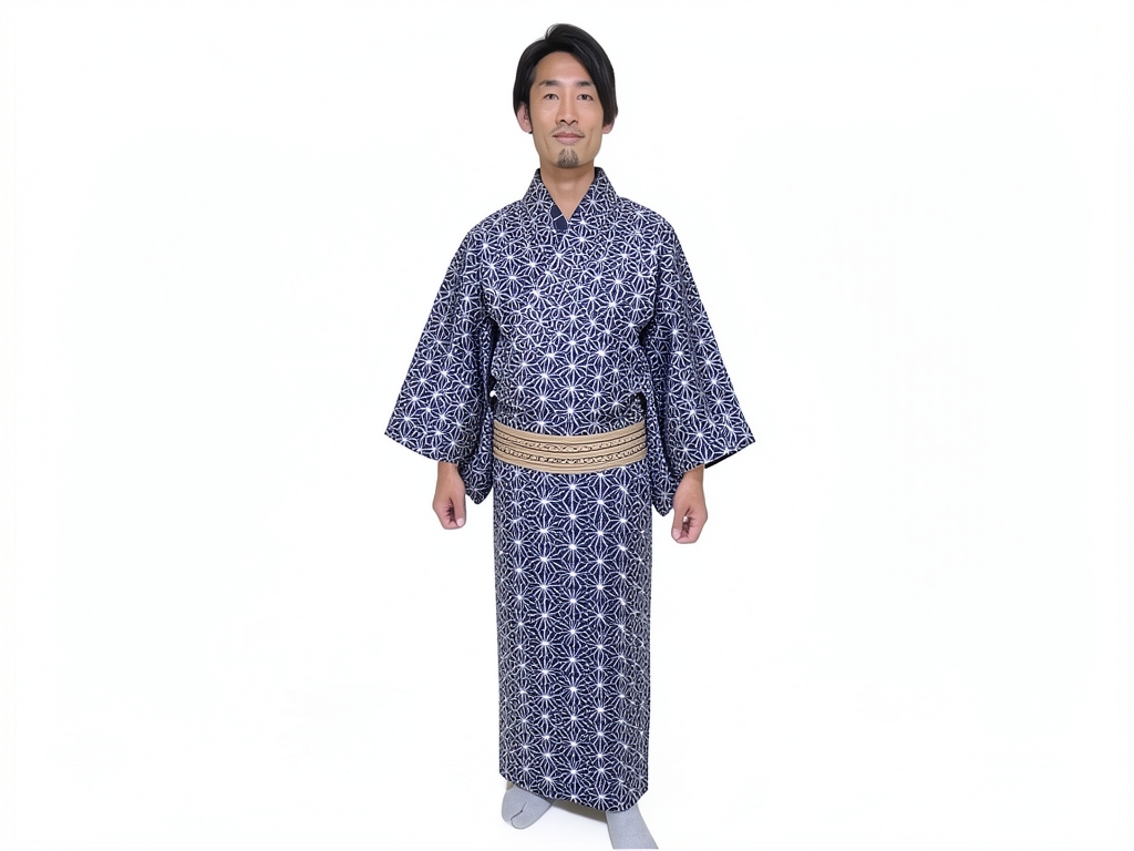 綿着尺 きもの生地　木綿 反物 濃紺地・麻の葉柄（男 着物）