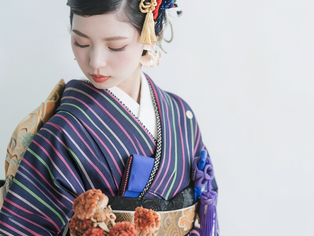 遠州もめん 生地　綿紬 反物　 濃紺地・シマ柄（女 着物）