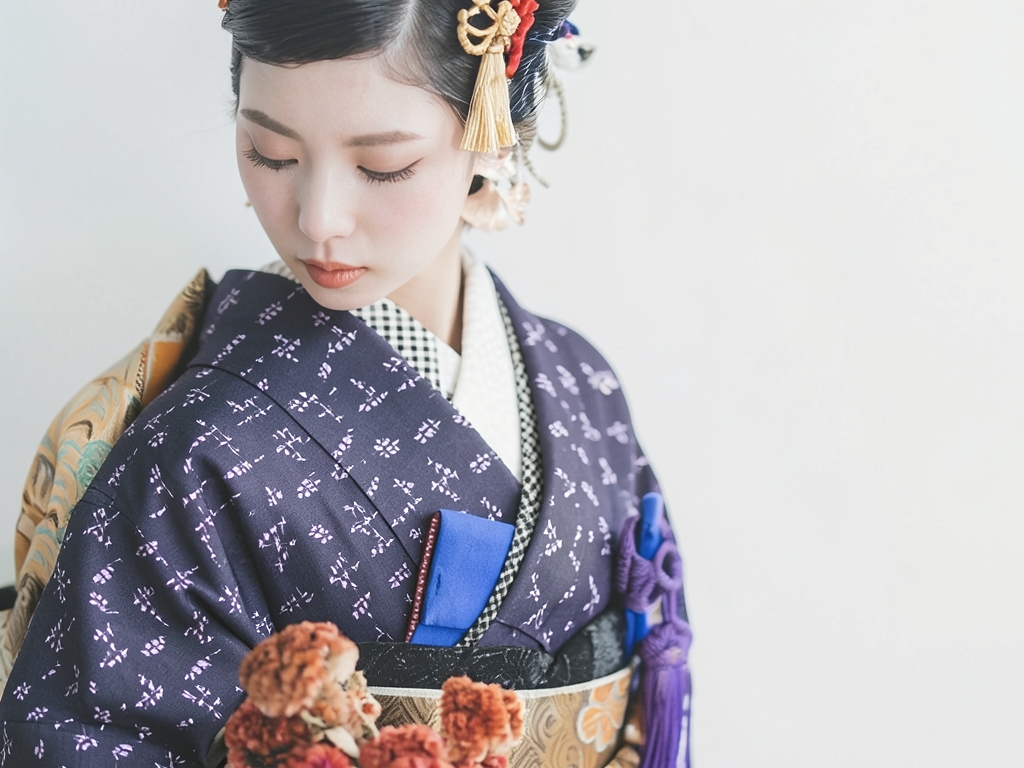 遠州綿紬　きもの生地　木綿　反物 濃紺地・花カスリ柄（女 着物）