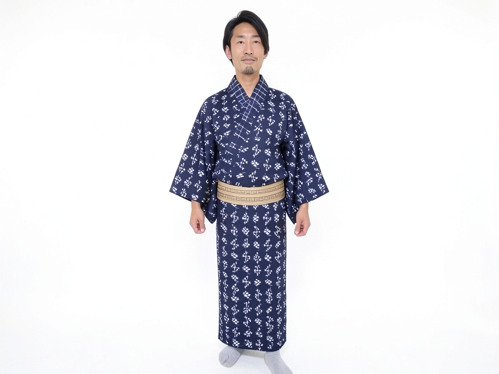 遠州綿紬　きもの生地　木綿　反物 濃紺地・花カスリ柄（男 着物）