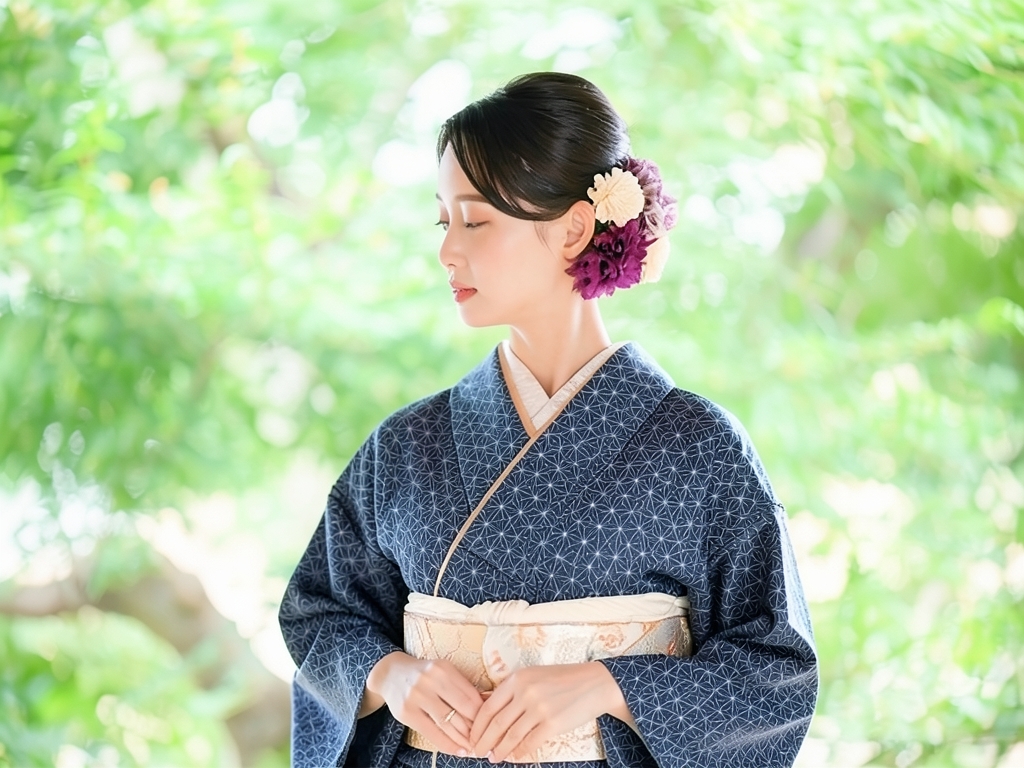 綿反物 きもの生地　木綿 反物 濃紺地・麻の葉(小)柄（女 着物）