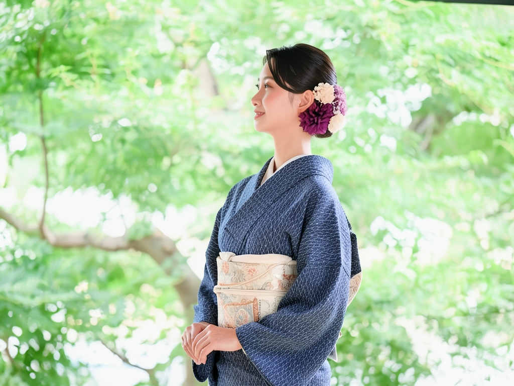 綿反物 きもの生地　木綿 反物 濃紺地・麻の葉(小)柄（女 着物）