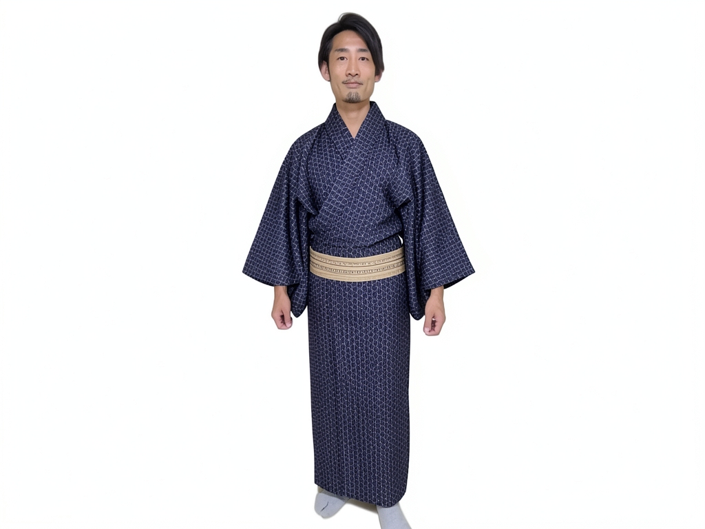 綿反物 きもの生地　木綿 反物 濃紺地・麻の葉(小)柄（男 着物）