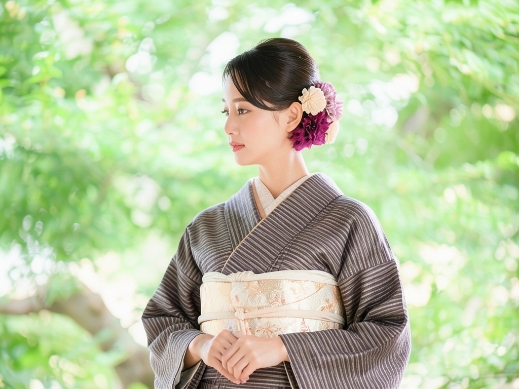 遠州もめん 生地　綿紬 反物　 シマ柄・茶色地（女 着物）