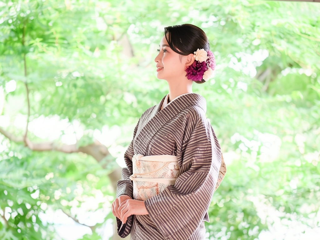 遠州もめん 生地　綿紬 反物　 シマ柄・茶色地（女 着物）