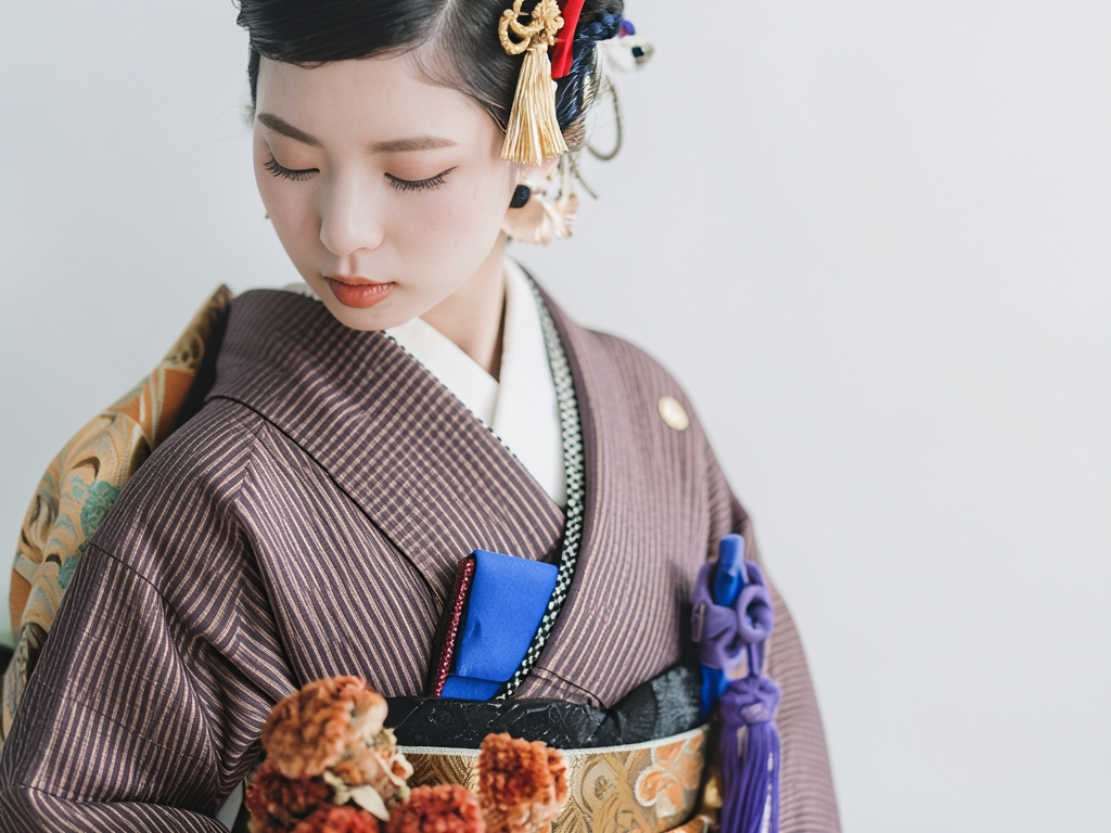 遠州もめん 生地　綿紬 反物　 シマ柄・茶色地（女 着物）